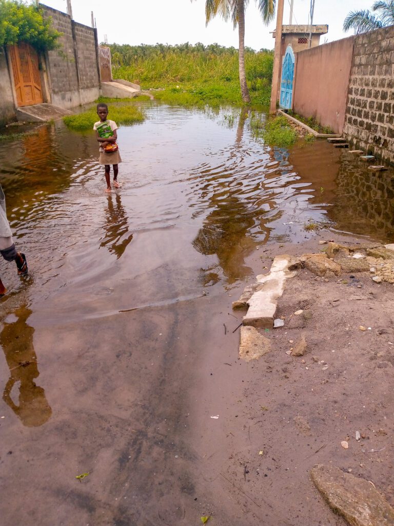 L'inondation cause beaucoup d&eacute;g&acirc;ts dans les maisons de Cococodji.
